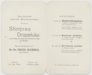 Invitaţie la Sfinţirea Stegului SJBv 1935 la Biserica din Braşovechi şi la Foisorul de pe str.Cloşca